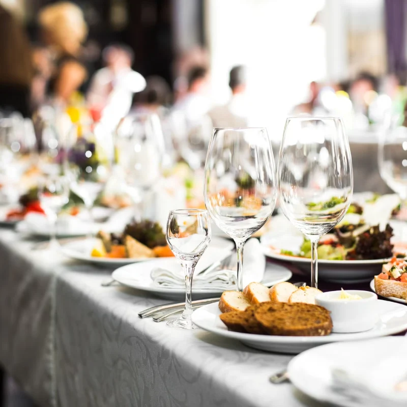 sparkling glassware stands long table prepared wedding